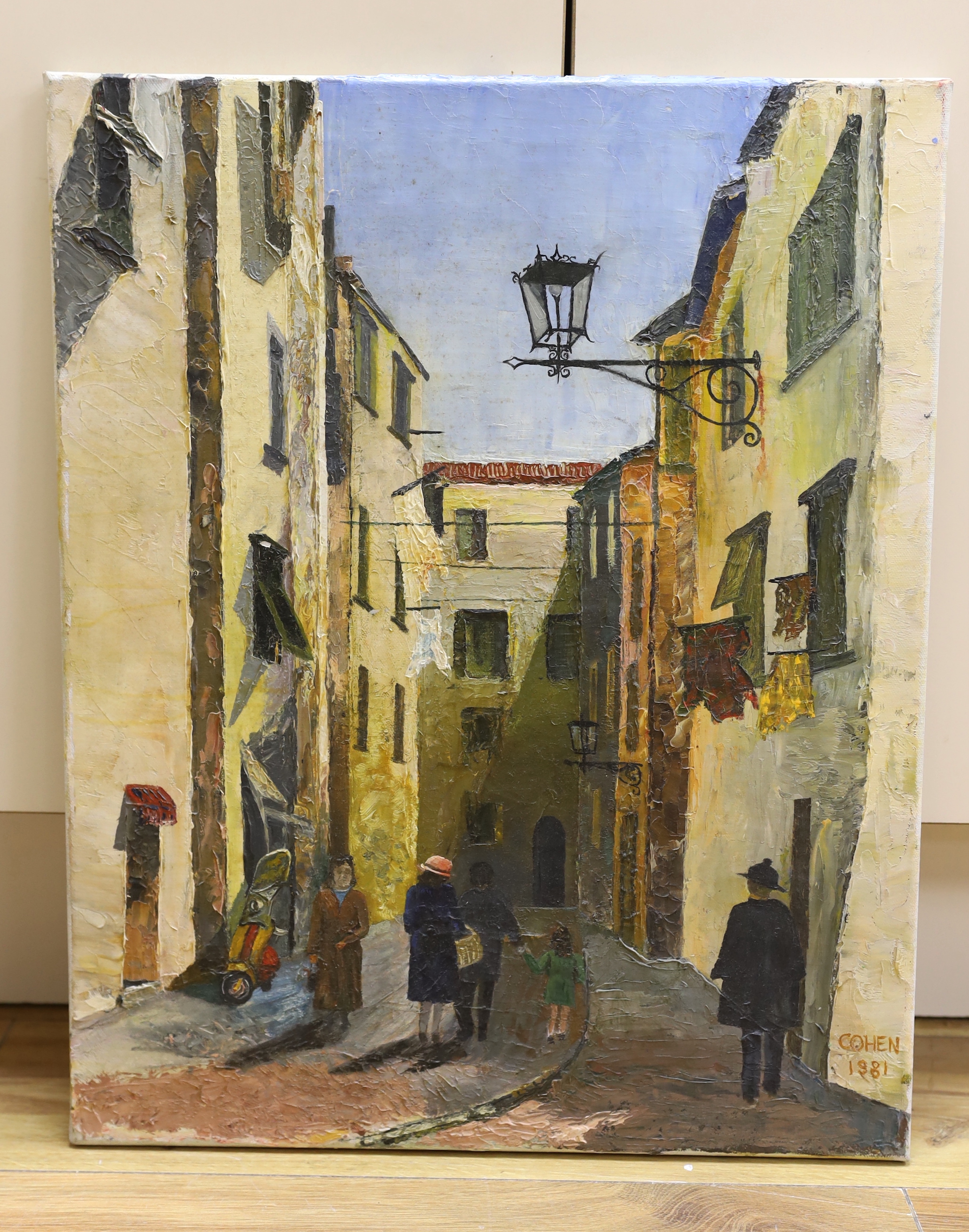 Cohen, impasto oil on canvas, Continental street scene with figures, signed and dated 1981, 50 x 40cm, unframed